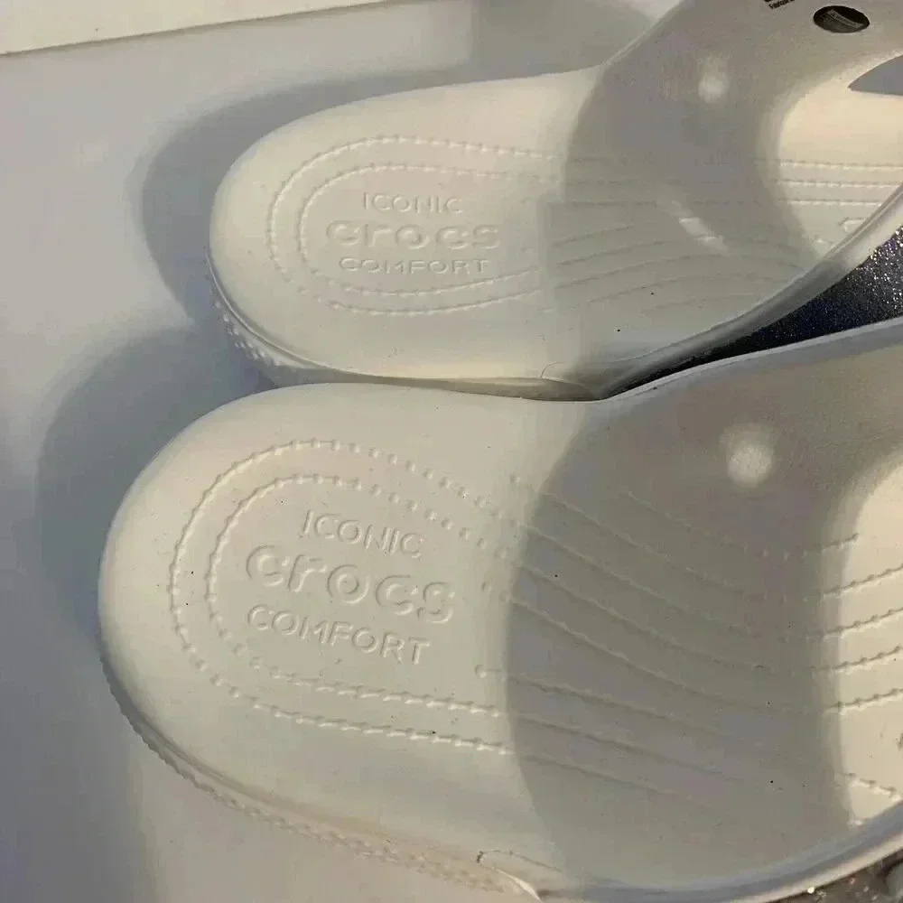 Crocs Classic Two Strap White Silver‎ Glitter Slide Sandals Shoes Men’s Size 12